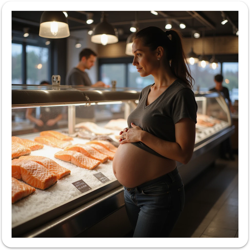 realistic pregnant woman in 4K standing in front of fish counter avoiding raw salmon to protect herself and baby, aware of dangerous parasites in raw salmon sticker