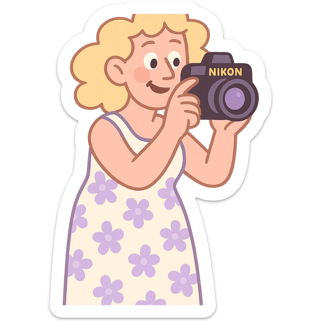 mujer rubia de rulos de 50 años con cámara Nikon y vestido largo blanco con flores lilas, estilo pastel-toon sticker