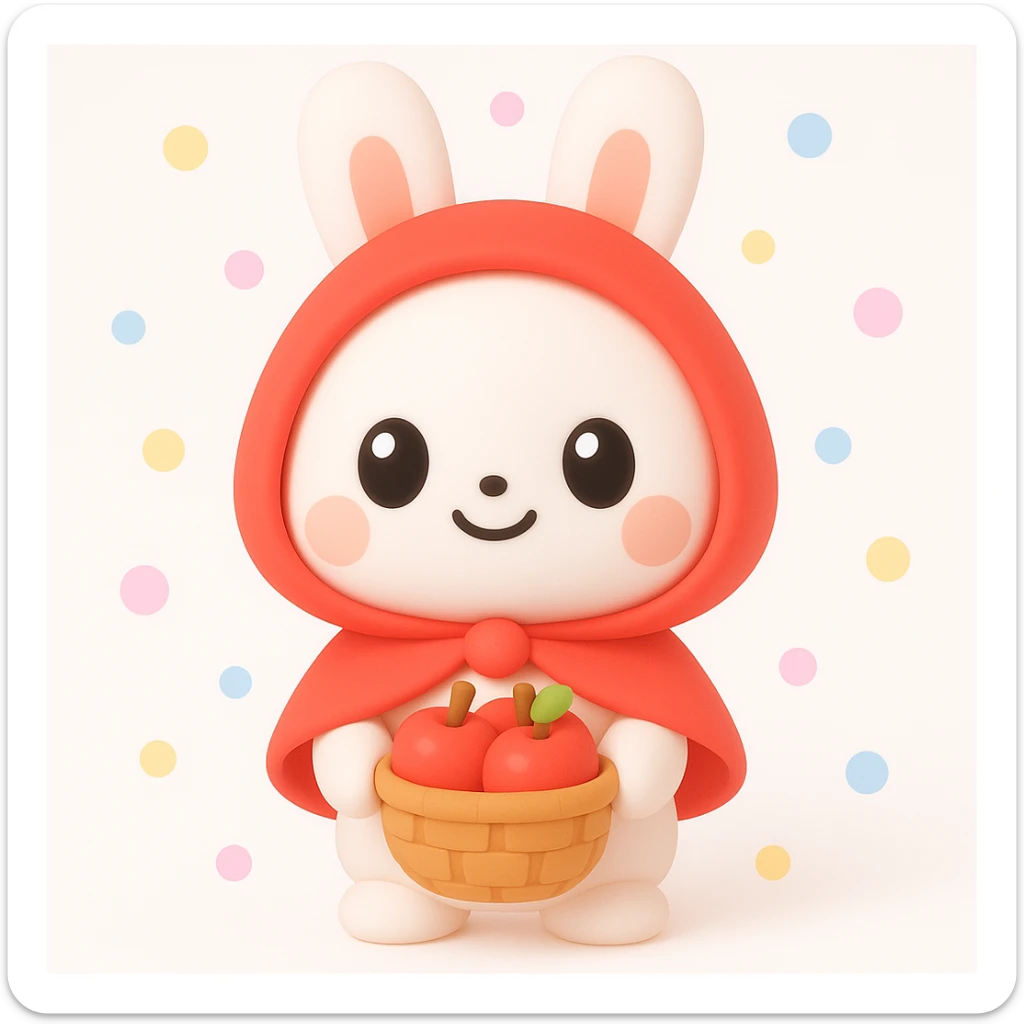 cute 3D iOS kawaii style illustration of a small white bunny wearing a red hooded cape, holding a basket of apples, round and adorable, big eyes, sweet expression, playful and bright 3D style sticker