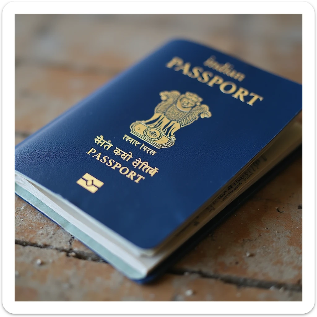 realistic Indian passport, blue cover with gold emblem, closed, on a white background sticker