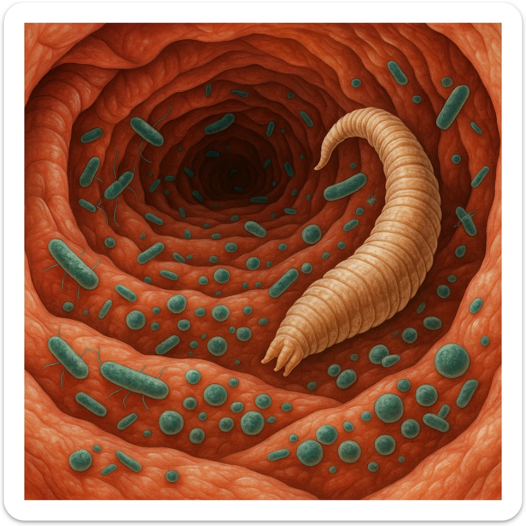 a medical illustration of a human realistic gut with bacteria and parasyte sticker