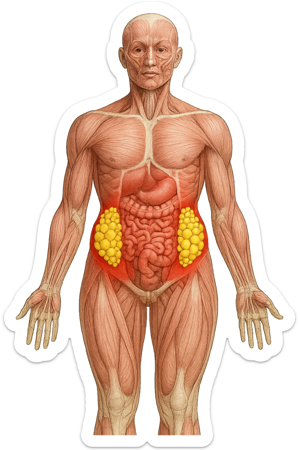 corpo umano anatomico con addome e fianchi segnati in rosso, grappoli di cellule adipose gialle su fianchi e addome sticker
