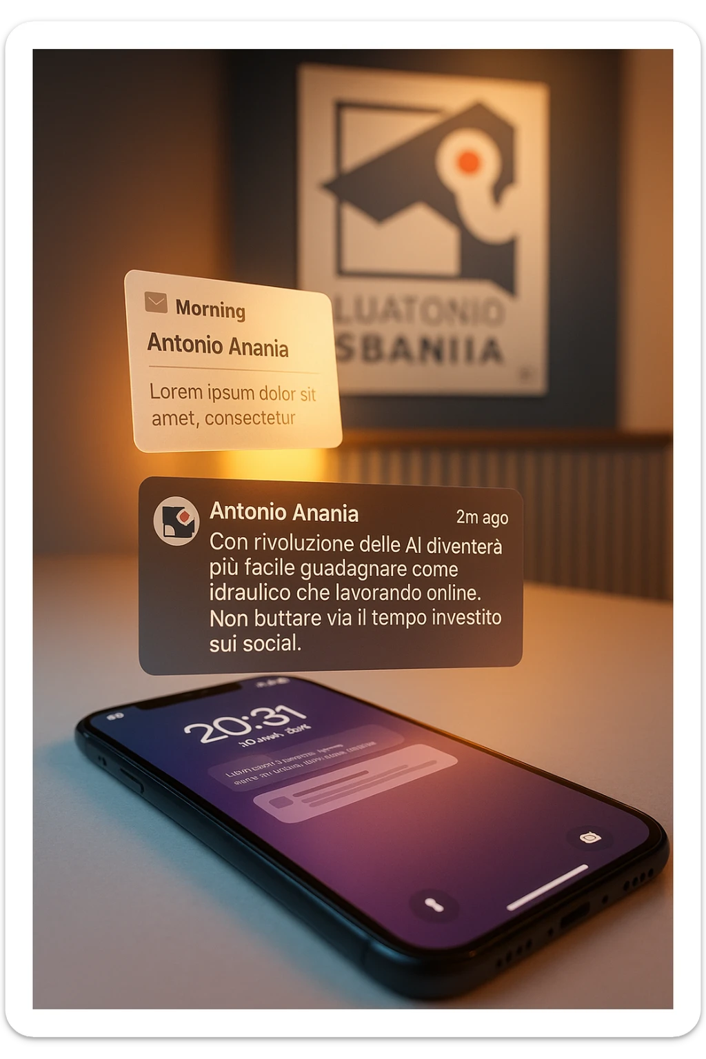 A photo of an iPhone with the message "Antonio Anania" on its screen, hovering over it is another document floating in mid-air, both surrounded by soft light and shadow. The phone sits atop a desk with a blurred background that suggests work environment. A faint glow from above casts gentle shadows across the surface of each object, creating depth and highlighting their textures. sticker