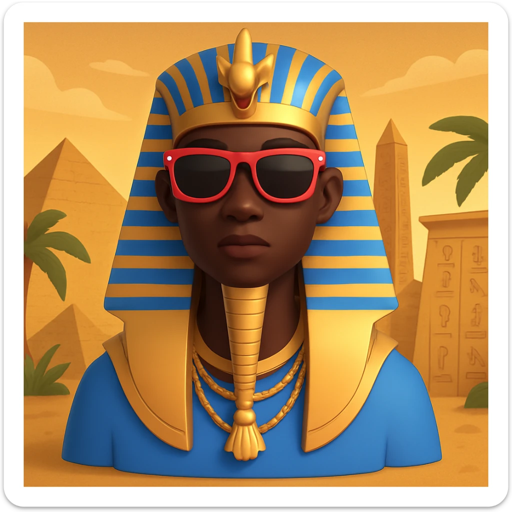 Add an Egyptian background behind the pharaoh with sunglasses and black skin, maintaining the 3D emoji style look. sticker