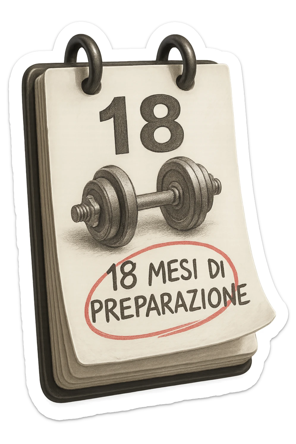 foglio di calendario con manubri da palestra disegnati e la scritta a penna "18 MESI DI PREPARAZIONE" CERCHIATA IN ROSSO, FALLO MOLTO REALISTICO IN 3D sticker