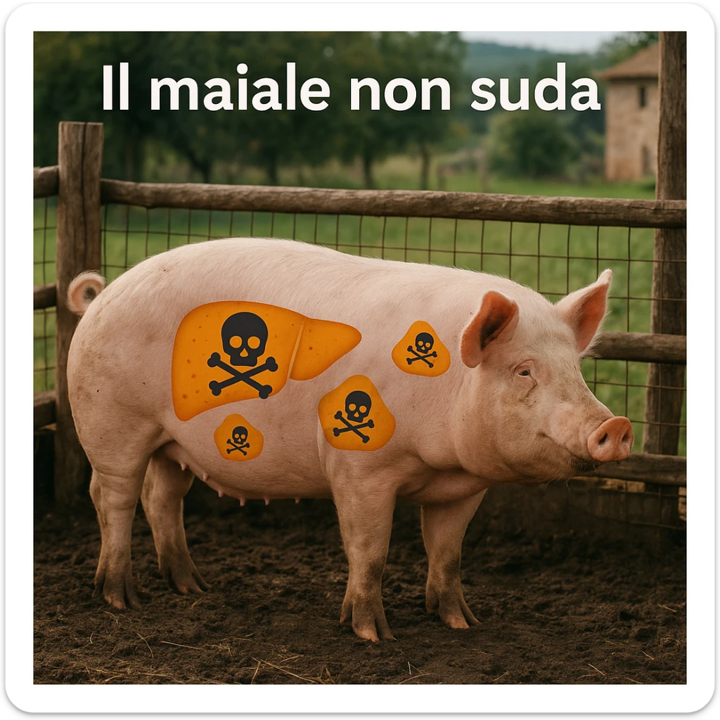 pig in a pen with toxin symbols accumulating in liver and tissues, no sweat traces, rural environment, Italian text: 'Il maiale non suda', 4K quality sticker