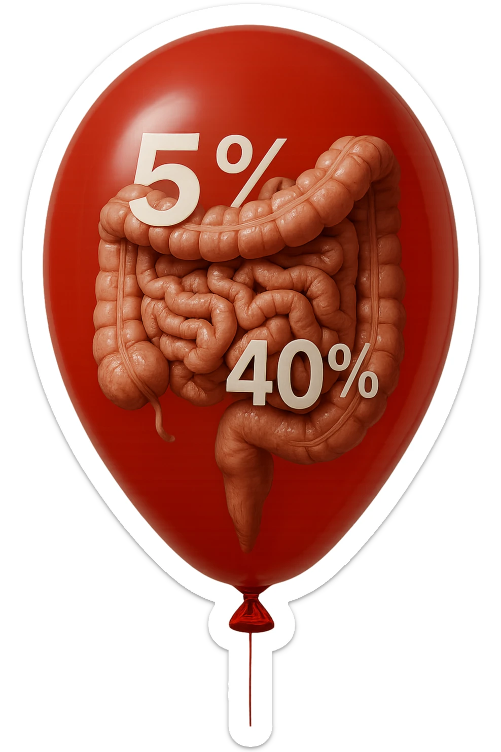 intestino umano anatomico chiuso in un palloncino rosso con la scritta 5% e 40% dentro insieme all'intestino, iperrealistico 4k sticker