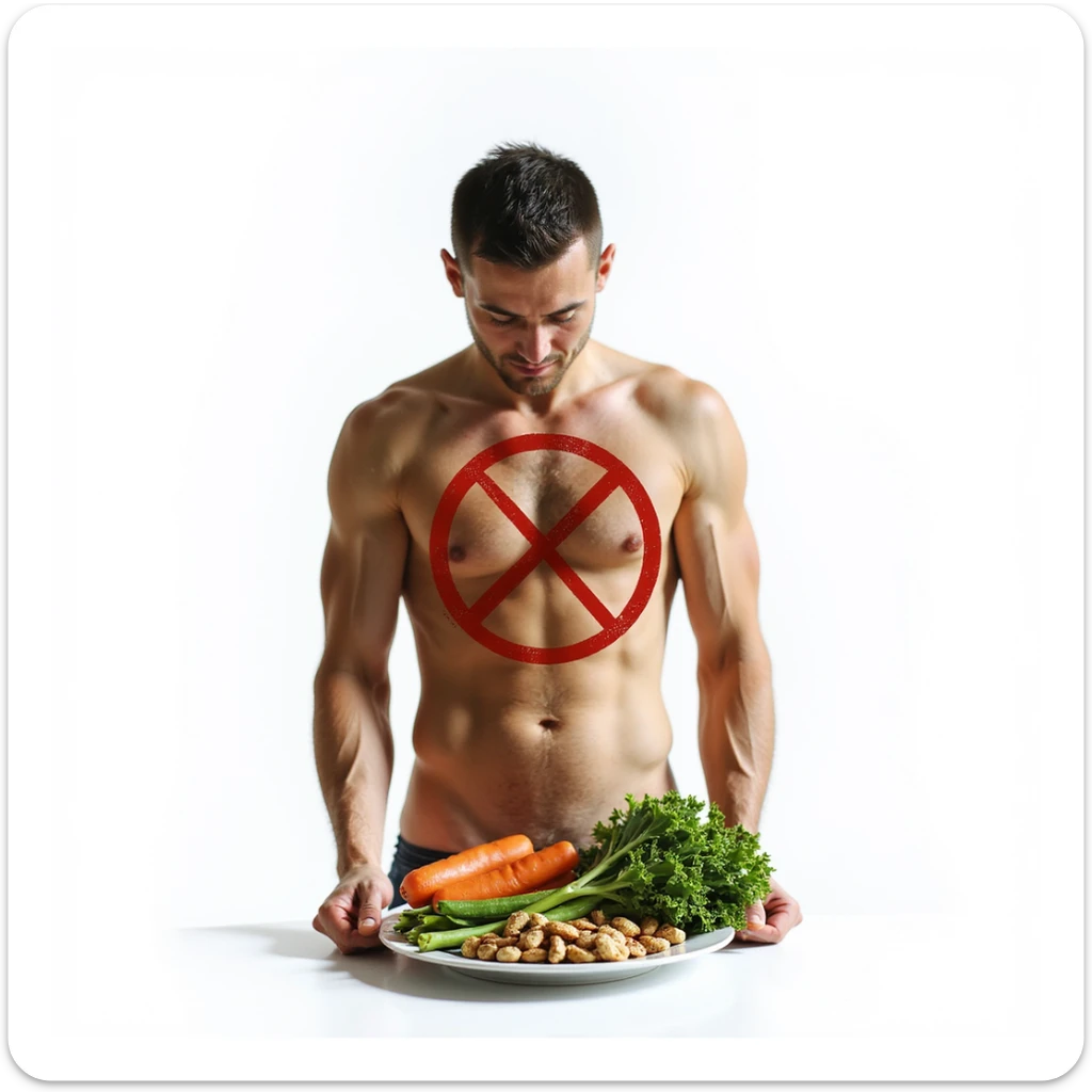 realistic man with untoned physique and slumped posture, plate with only vegetables and a prohibition symbol over olive oil and nuts, atmosphere of deficiency, Italian caption: 'Dieta povera di grassi: salute compromessa', isolated on white background sticker