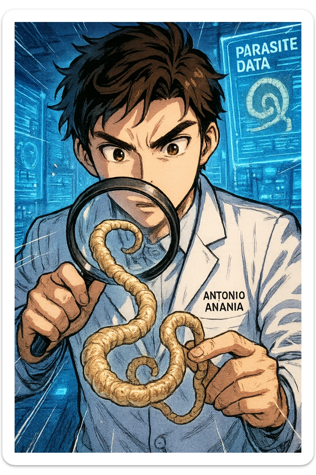 A dynamic manga/webtoon-style illustration of a young male kinesiologist wearing a clean white lab coat, analyzing light beige worms like a tapeworm under a magnifying glass. His expression is focused and slightly intrigued, with sharp, detailed eyes. The art style is vibrant, with bold linework, rich colors, and dramatic lighting. The background is a futuristic laboratory with glowing holographic screens displaying parasite data. The tapeworm is intricately drawn, slimy and segmented, with a slightly exaggerated yet realistic texture. The composition is dynamic, with motion lines or energy effects to emphasize his scientific investigation. The atmosphere is intense but not dark, keeping a balance between scientific seriousness and stylish manga aesthetics, he has "ANTONIO ANANIA" WRITTEN ON WHITE LAB COAT sticker