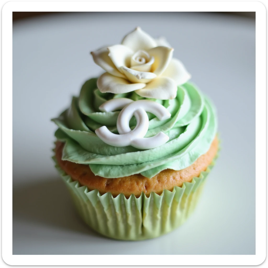 photorealistic pastel green Chanel cupcake with a white camellia flower and edible logo sticker