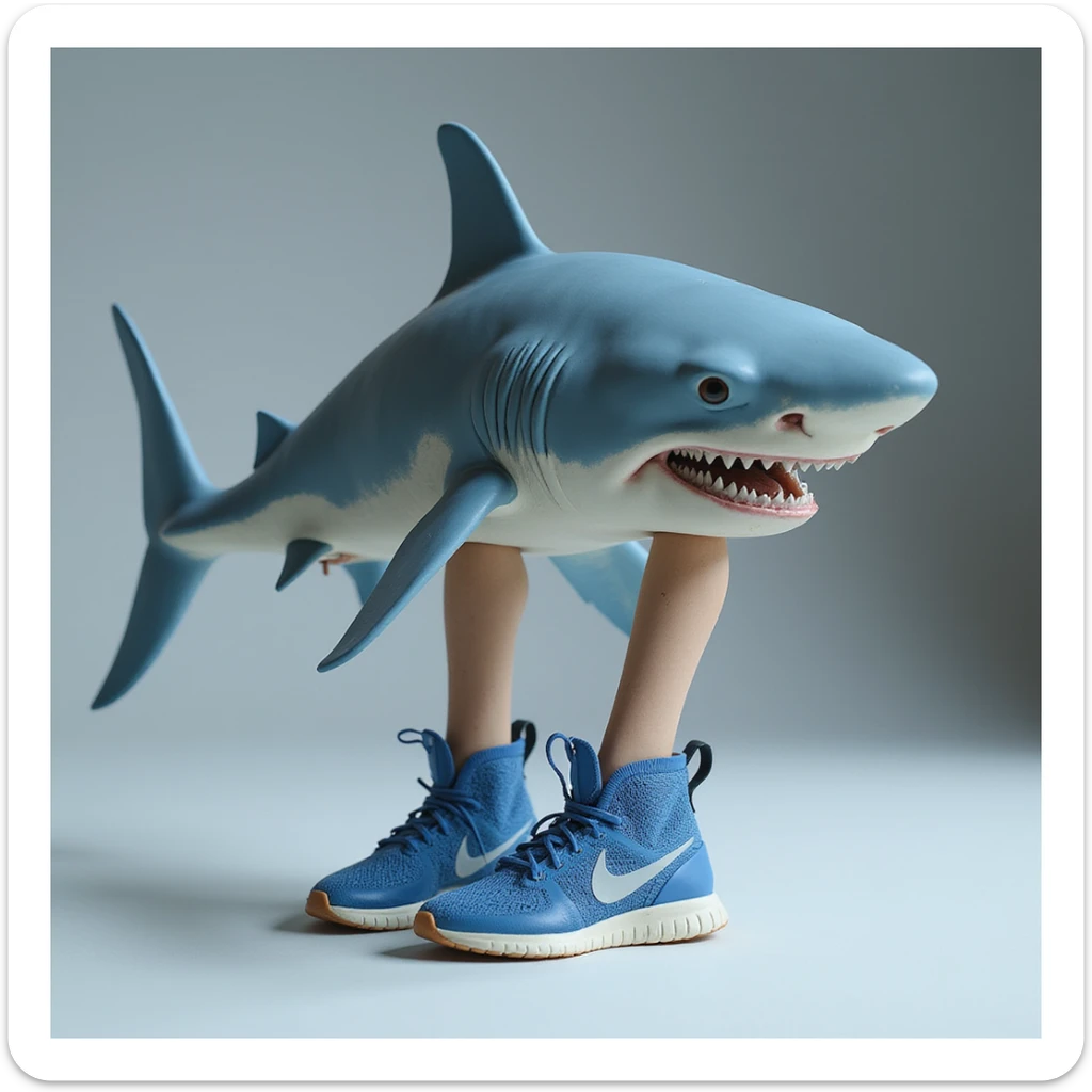 realistic shark with human legs wearing blue Nike sneakers, photorealistic style sticker