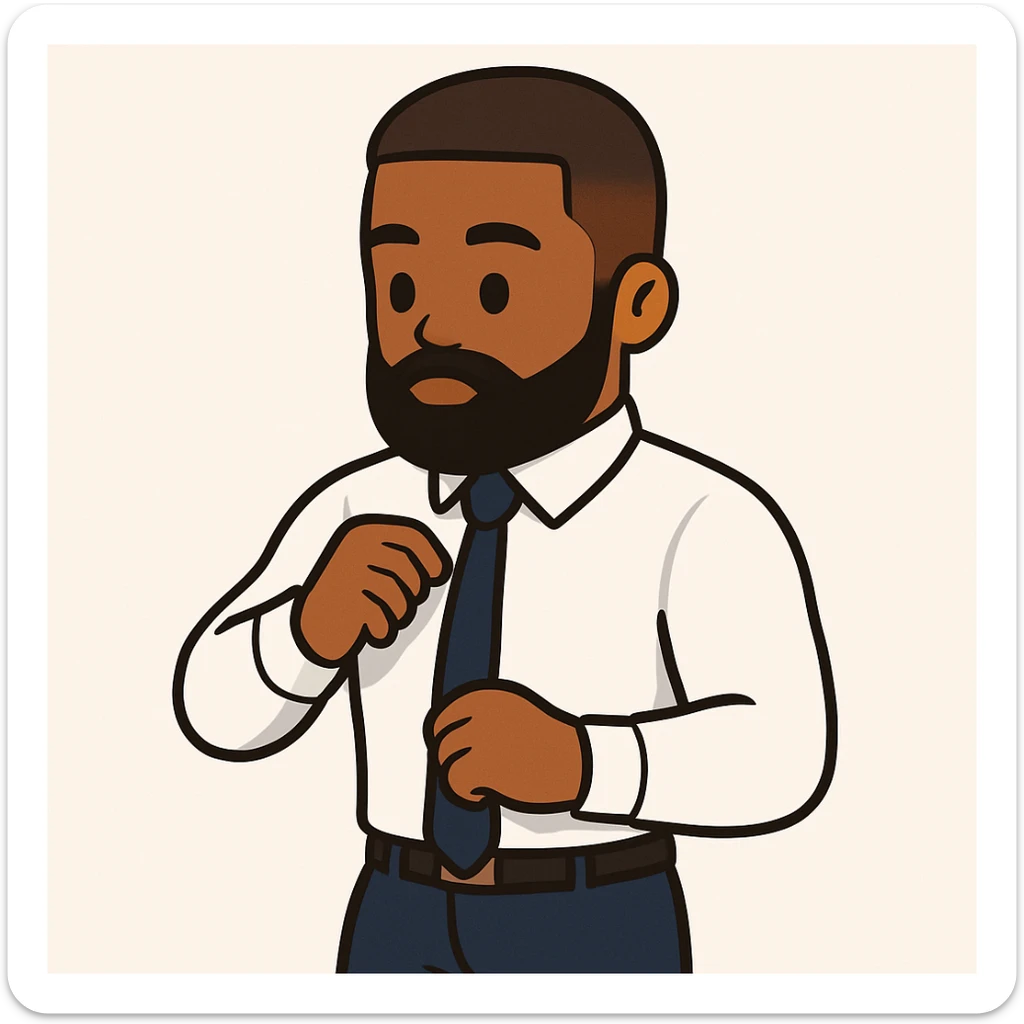 Create a simple emoji-style illustration of a well-dressed man with a beard and tie, focusing on his confident pose and formal attire. Remove the background and any text. The style should be clean and minimal, typical of emoji illustrations. sticker