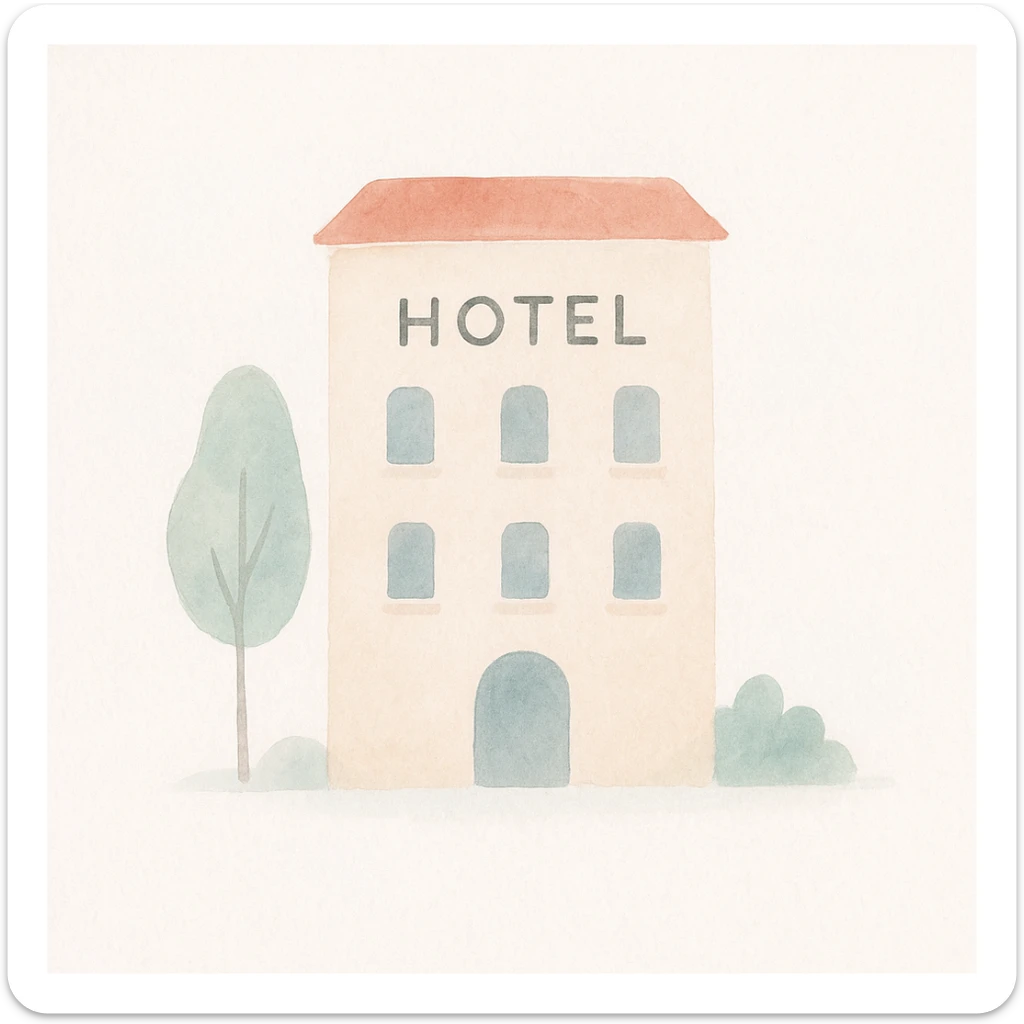 soft watercolor illustration in a minimalist modern style, pastel colors, delicate linework, gentle whimsical mood, minimal soft shading, hotel building sticker