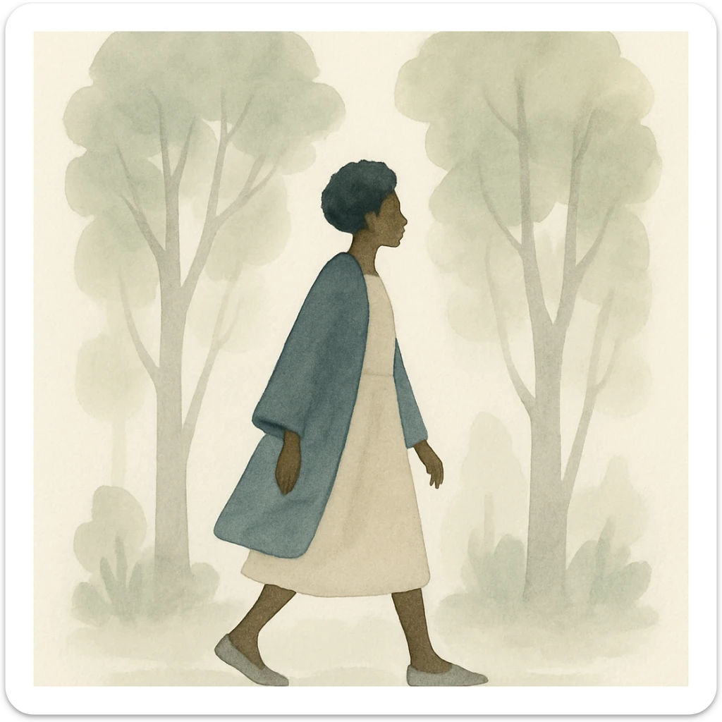 black lady walking through a forest, gentle brushstrokes and natural colors, watercolor art style sticker