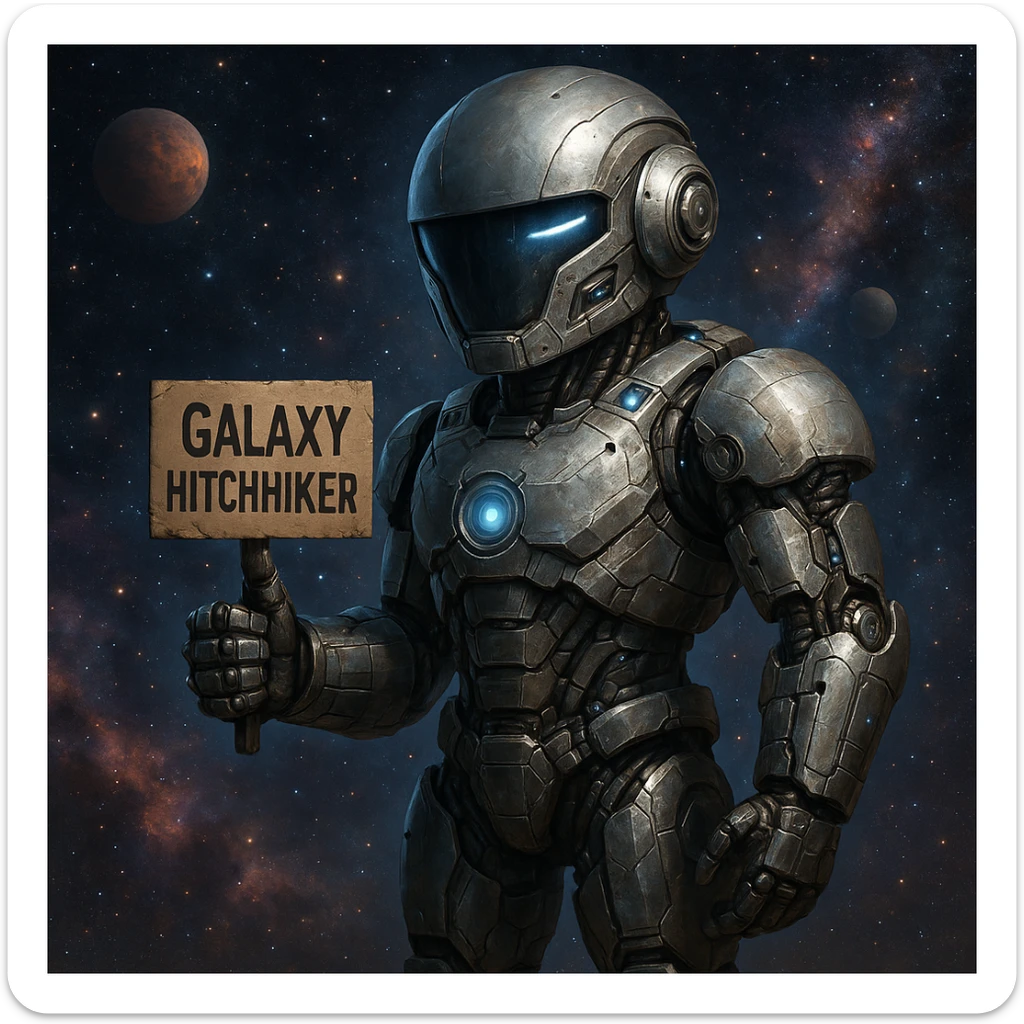 A robot hitchhiking across the galaxy, holding a sign that says 'Galaxy Hitchhiker', realistic and detailed, sci-fi style sticker