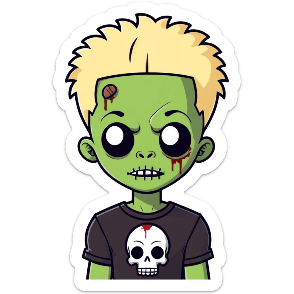 African American zombie boy with half blonde half black Afro hairstyle and black shirt sticker