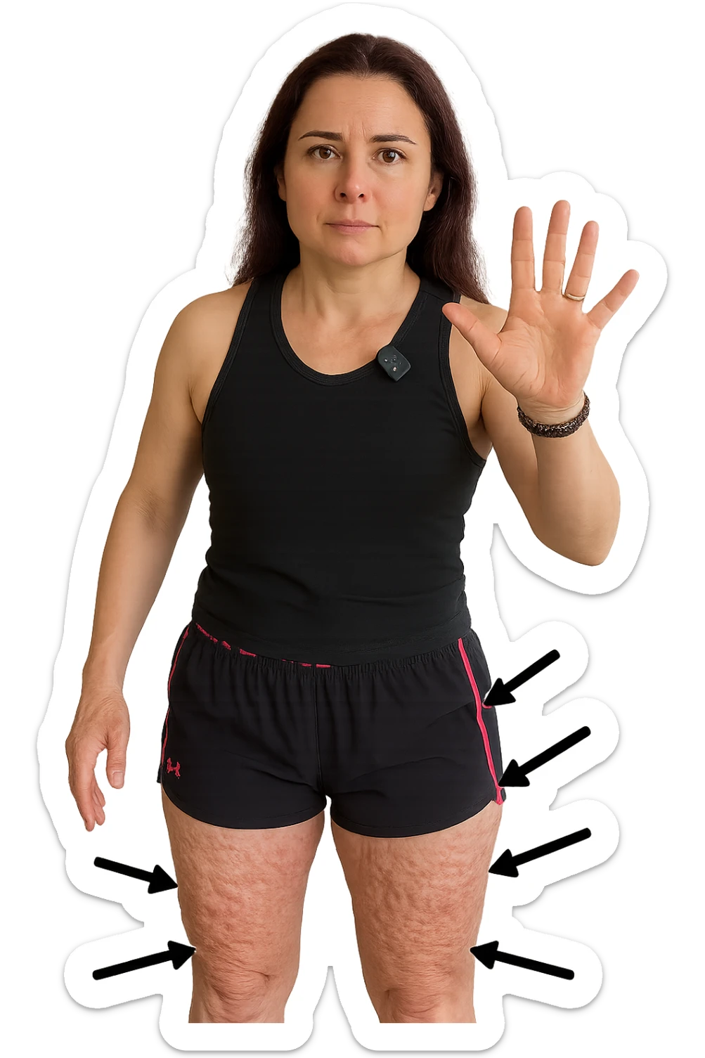 Donna con cellulite sulle cosce indica le cosce che sono infiammate di cellulite con frecce ad indicare  sticker