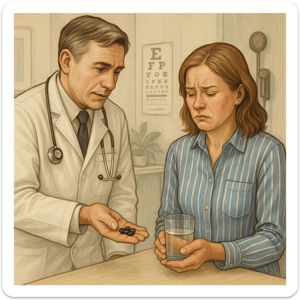 A realistic or illustrative style image of a doctor in a white coat giving pills to a woman with a suffering expression. The woman holds pills and a glass of water. The background is a medical office, inspired by the reference image. sticker