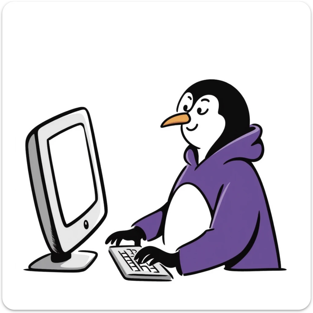 A hand-drawn penguin wearing a purple hoodie typing enthusiastically on a computer keyboard sticker