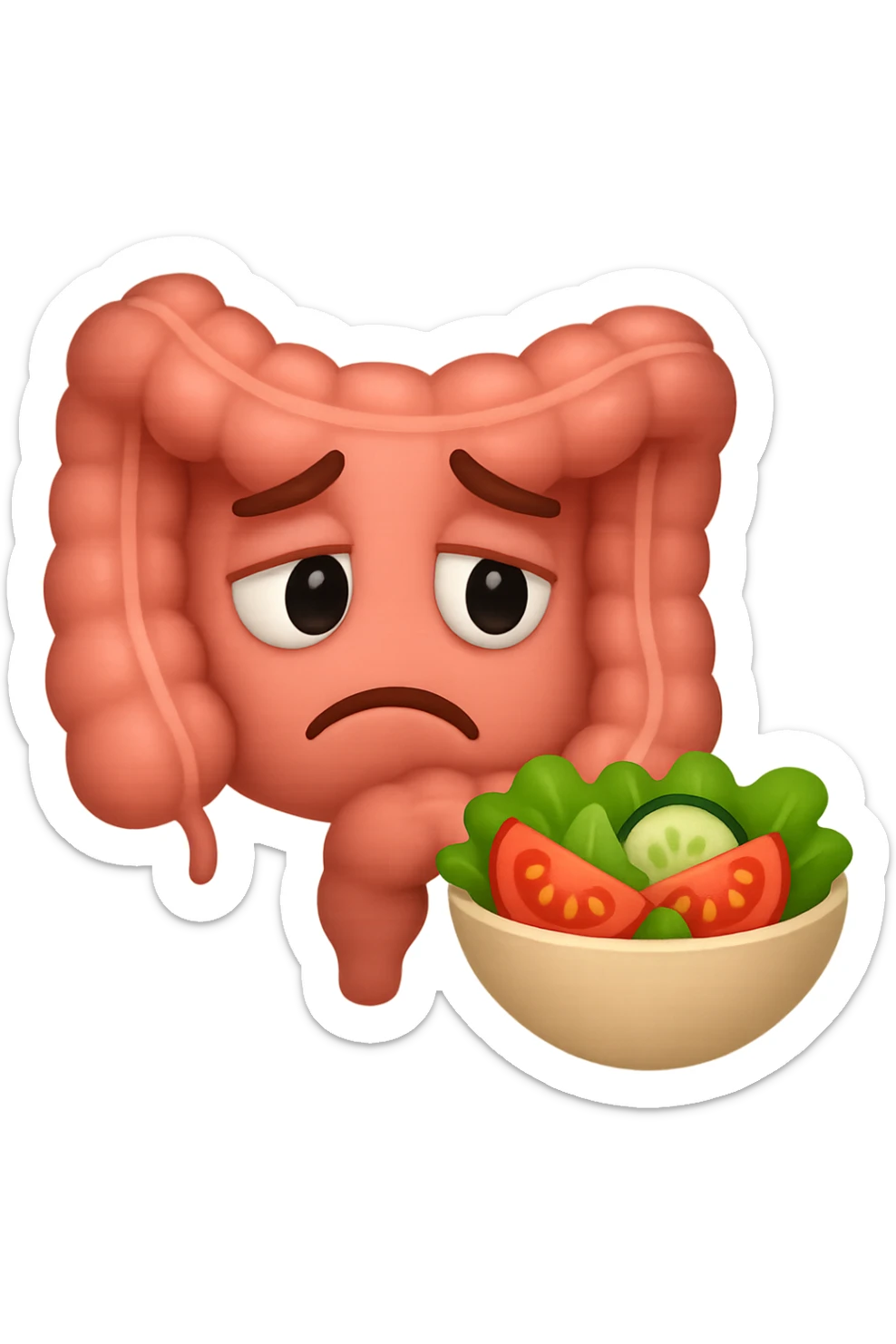 EMOJI STILE IPHONE DI UN INTESTINO UMANO ANATOMICO CHE GUARDA UN INSALATA CON ESPRESSIONE TRISTE E RASSEGNATA IN VOLTO: SOFFRE LA FAME PERCHé è A DIETA, FAGLI ANCHE LA PARTE BIANCA DEGLI OCCHI, NON SOLO LE PUPILLE sticker