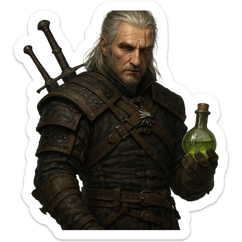 Witcher character in the style of The Witcher series, holding a potion. sticker