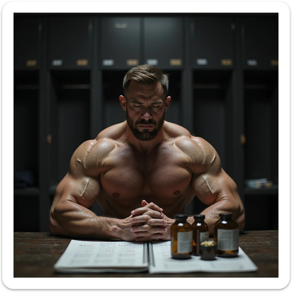 realistic muscular bodybuilder man with serious face, supplements and medical vials on table, calendar with all months of the year behind, very defined physique with visible veins, dark locker room or gym background with dramatic lighting, signs of fatigue sticker