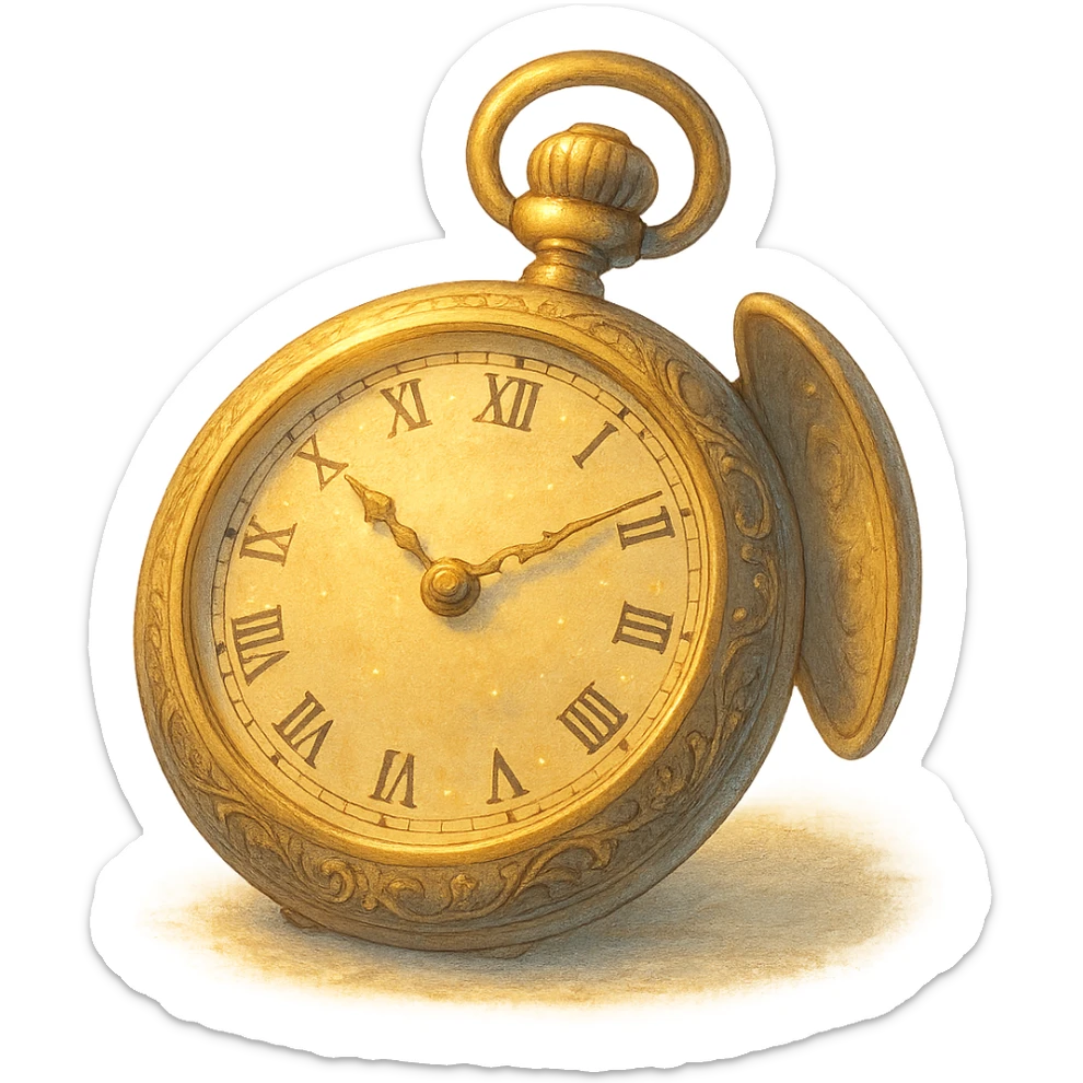 golden pocket watch with delicate engravings, dreamy lighting, nostalgic and magical, no background sticker