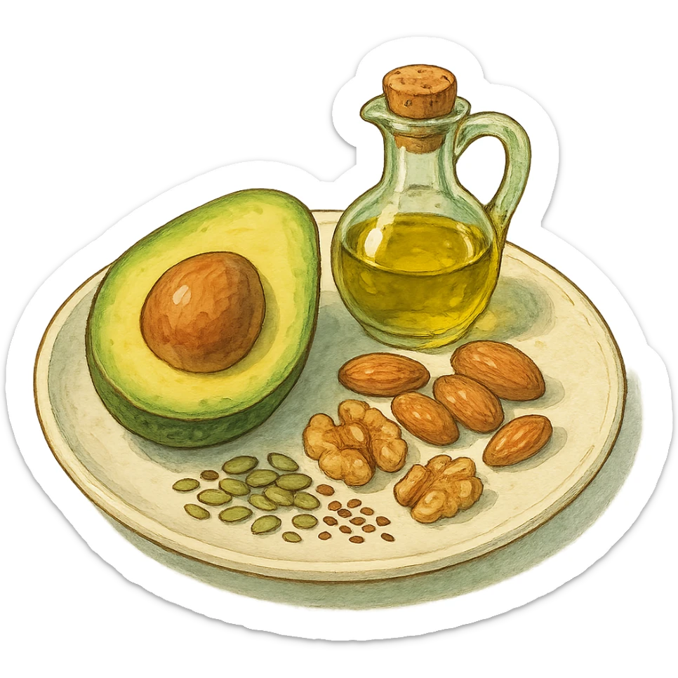 plate with avocado, nuts, olive oil, and seeds in ghibli style sticker