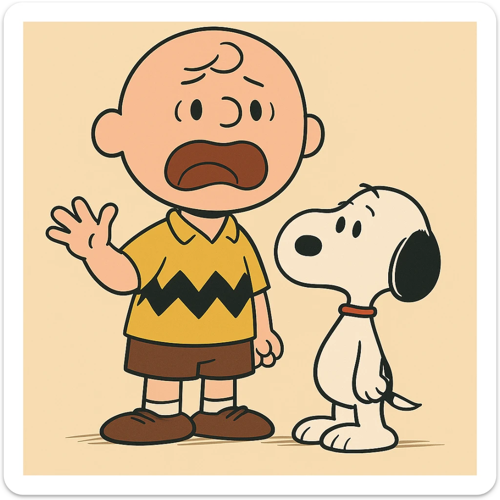 Add Snoopy standing next to Charlie Brown in classic cartoon style with a simple background. sticker