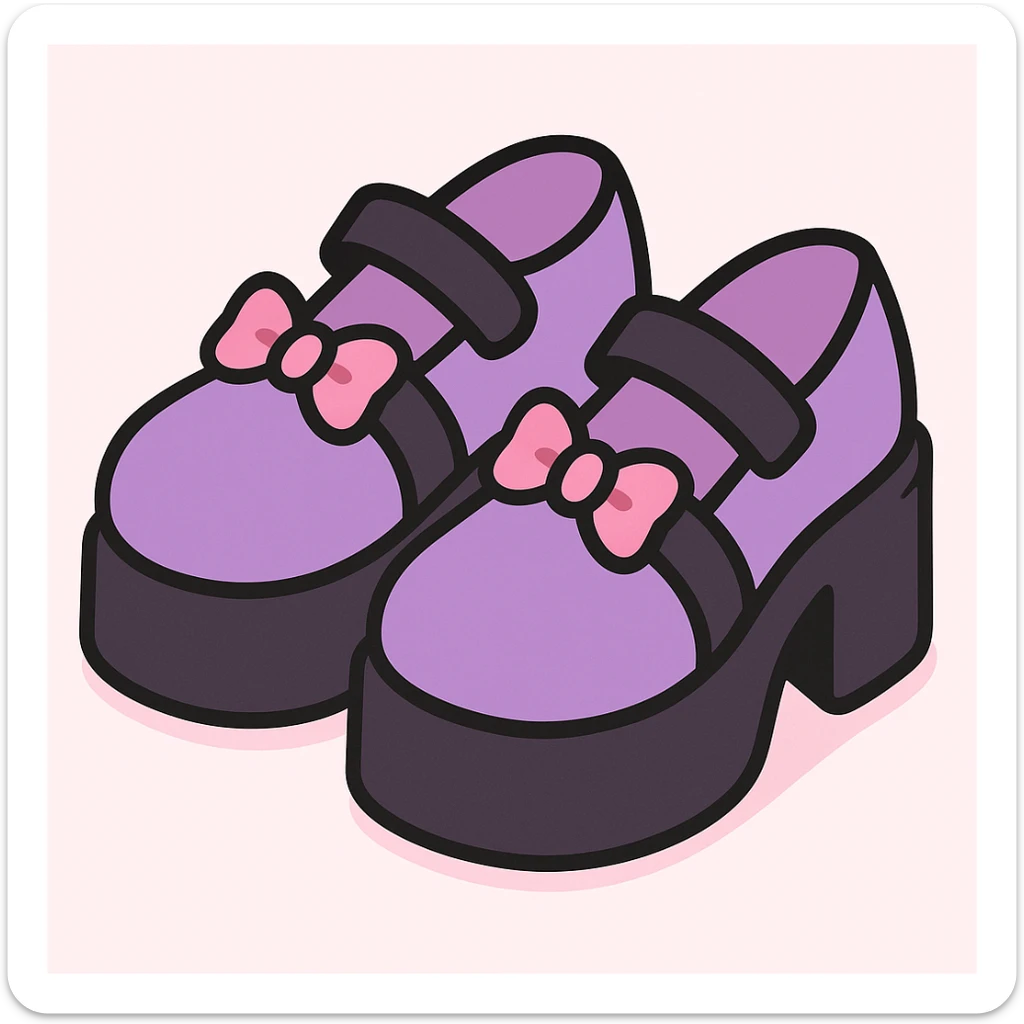 Make the BLACKPINK-inspired gothic shoes primarily purple with black and pink accents, cute and stylish, kawaii style, no socks, no hearts. sticker