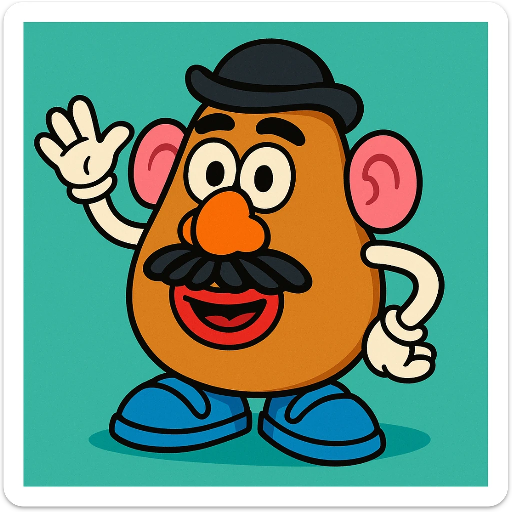 colorful cartoon style potato head toy with removable features, inspired by Toy Story sticker