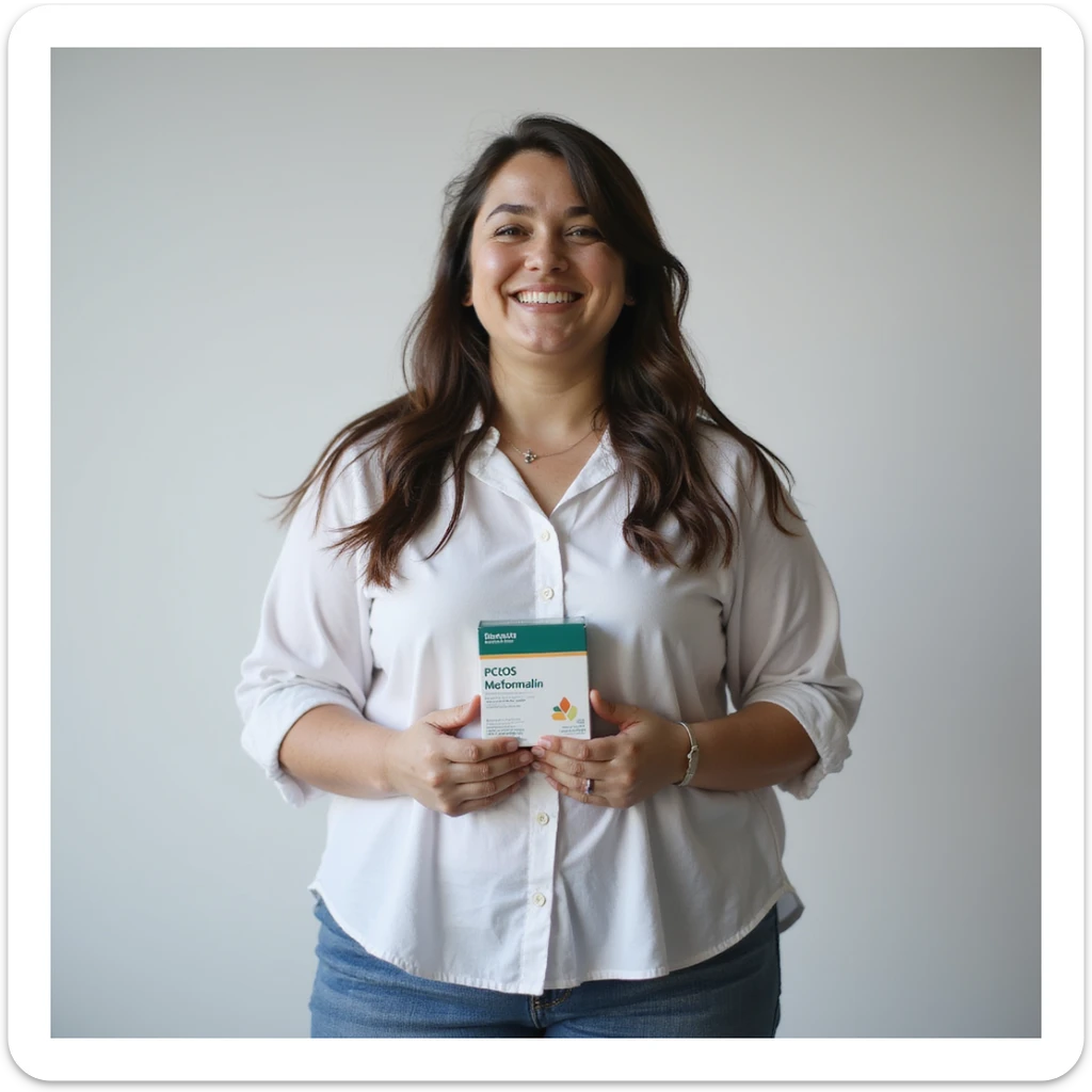 hyperrealistic 4K vertical 9:16 image of an overweight woman with PCOS standing on isolated white background, holding a box of Metformin, hopeful or determined expression, clinical atmosphere sticker