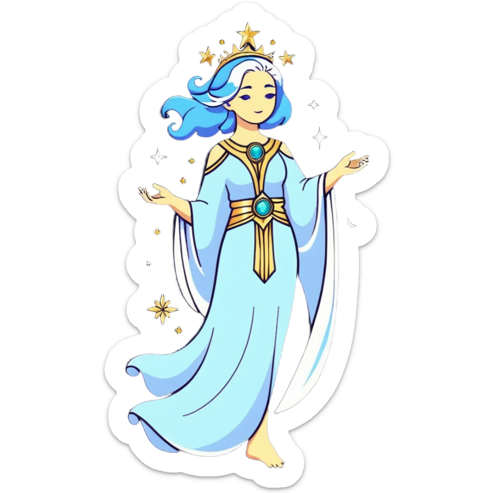 fullbody universe goddess Sophia, Ethereal Light Being, Made of starlight and fractals, Glowing white/gold skin with flowing translucent robes, Hair blue like galaxy mist, Jewelry made of stars and crystals sticker