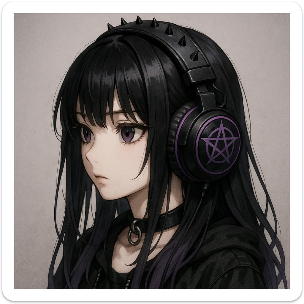 goth headphones, black with purple accents, realistic anime style sticker