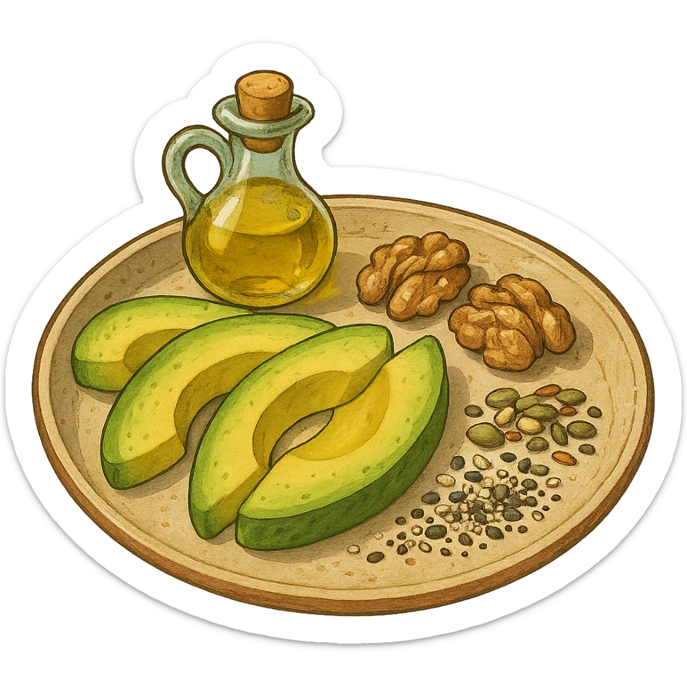 plate with avocado, nuts, olive oil, and seeds in ghibli style sticker