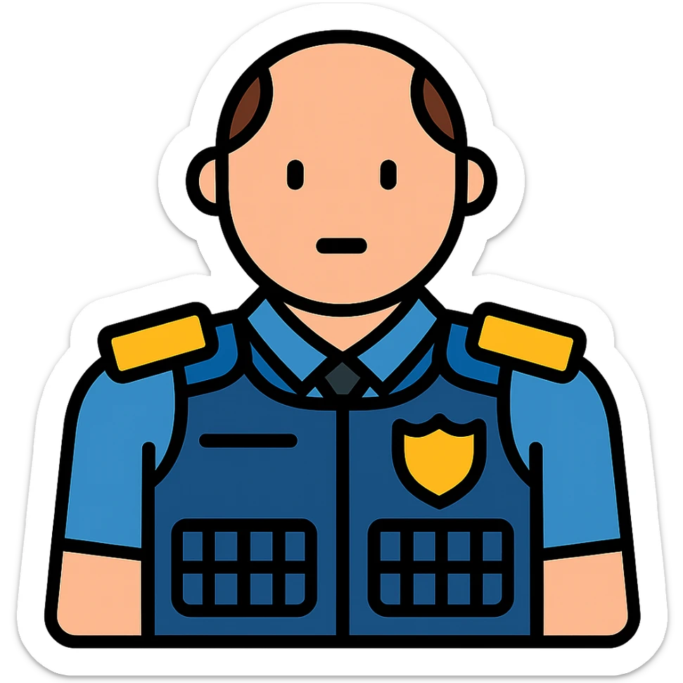 Enhance the vigilante's uniform with visible protections, a bulletproof vest, and security details. The character should have little hair. Transparent background. sticker