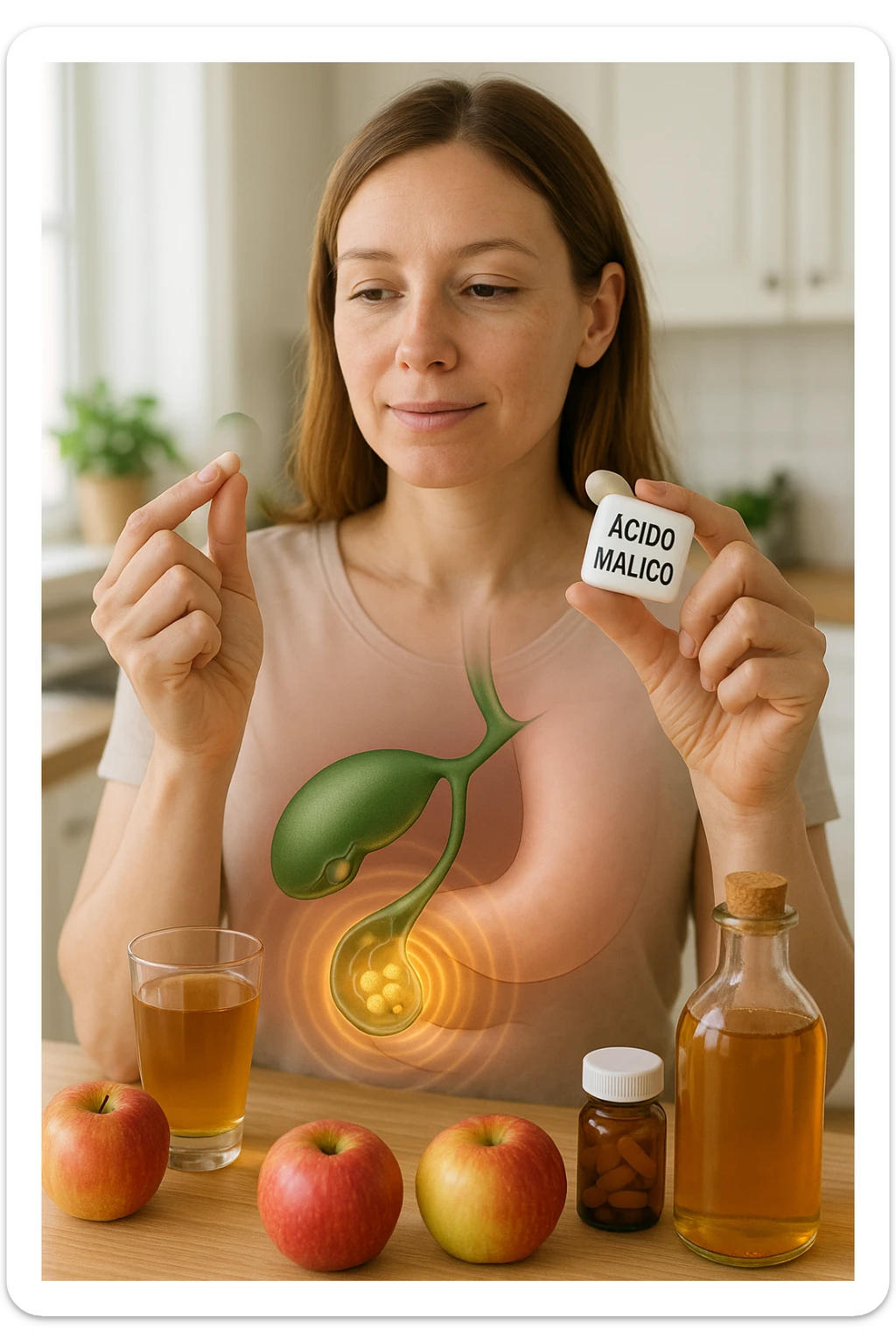 A detailed, realistic illustration or photo-style image showing a person holding a small glass of apple cider vinegar in one hand and a capsule labeled ‘Acido Malico’ in the other. In the foreground or as an overlay, a semi-transparent anatomical view of the abdomen highlights the gallbladder with visible small gallstones inside. Around the gallstones, gentle glowing waves or soft dissolving effects symbolize the softening or breakdown of the stones due to the natural acids. The person looks hopeful and calm, in a bright kitchen setting with fresh apples and natural health products on the counter. The overall mood is informative, natural, and hopeful about non-invasive, natural support for gallstone health sticker