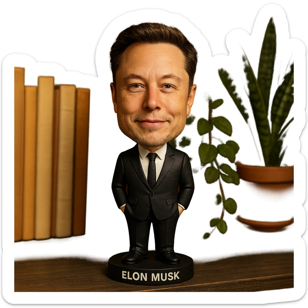 realistic features bobblehead of Elon Musk wearing a suit and tie sticker