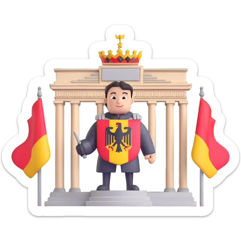 Add more German symbolism to the universal character in 3D style, including the German coat of arms, flag, and possibly the silhouette of the Brandenburg Gate or other recognizable German elements. Keep the 3D style and transparent background. sticker