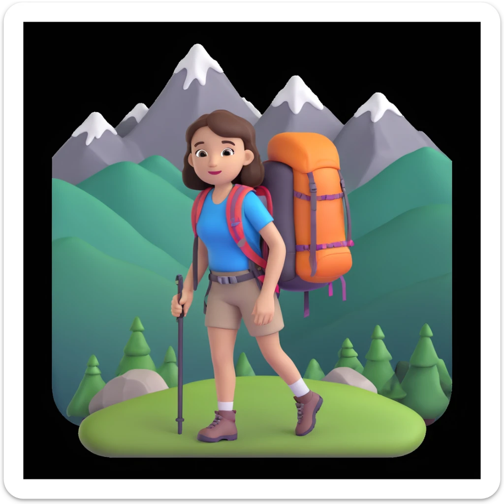 portrait of girl back packing mountains in background, close up pose sticker