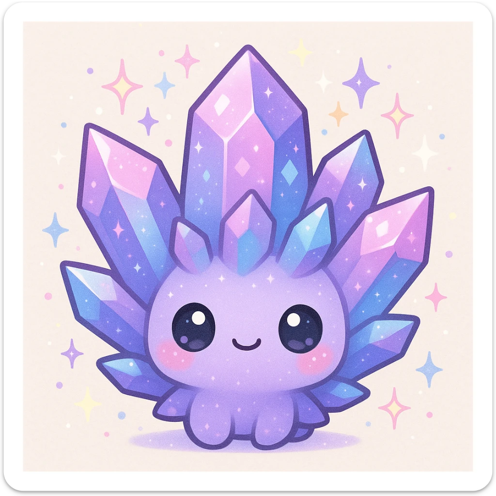 kawaii style crystal sprite creature, purple, blue, and pink, cute and sparkly sticker