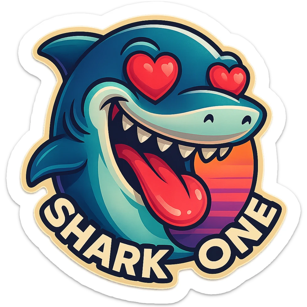 mouth open with tongue out heart shaped eye add the words “ Shark One " in White sticker