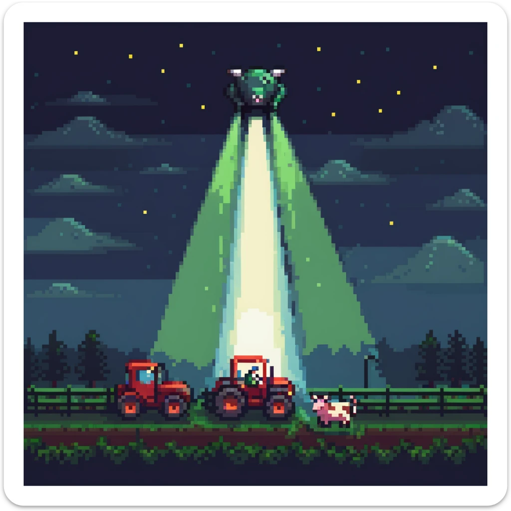 UFO abduction scene with a cow being lifted by a tractor beam at night sticker