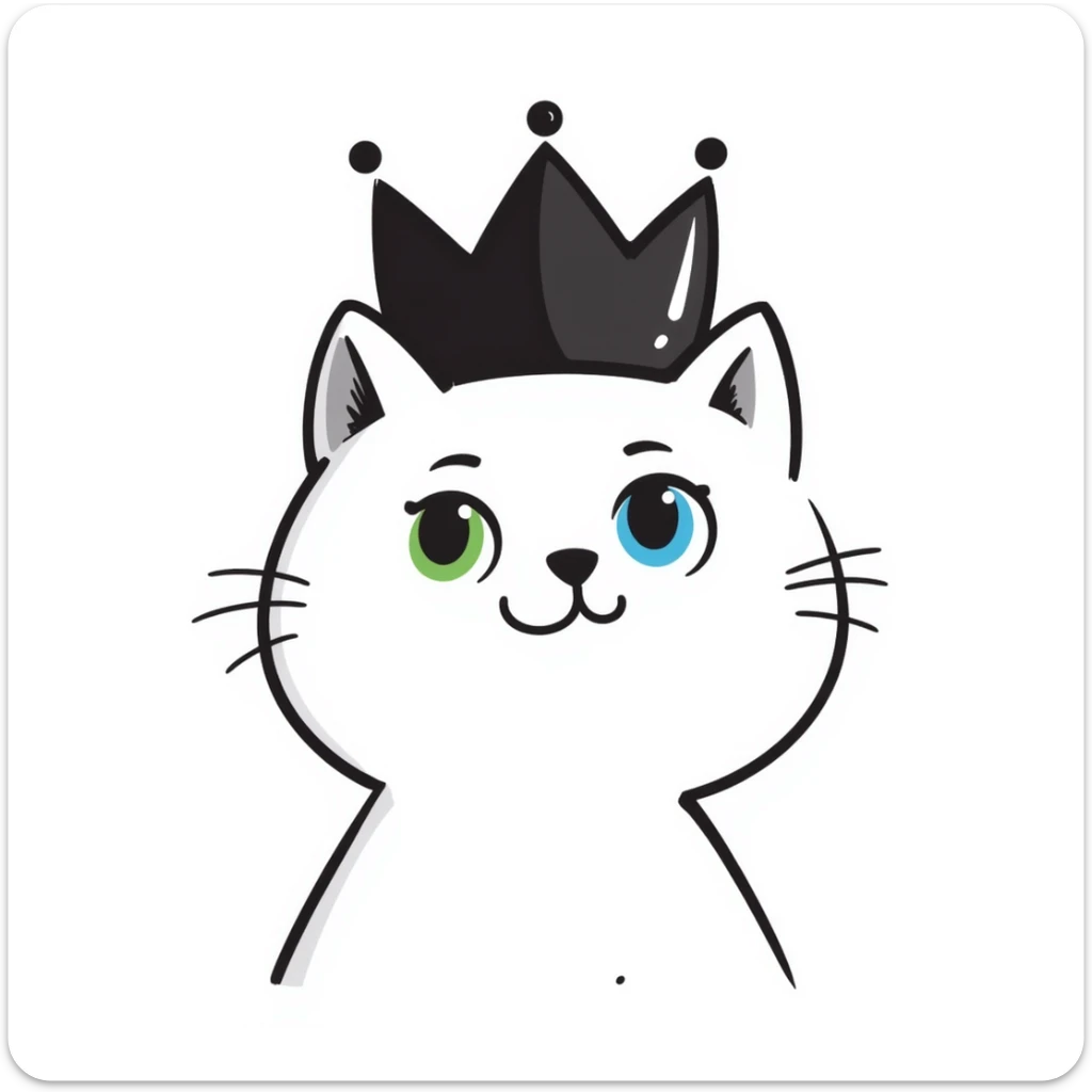 white cat with one green eye and one blue eye, wearing a princess crown, hand drawn doodle style sticker
