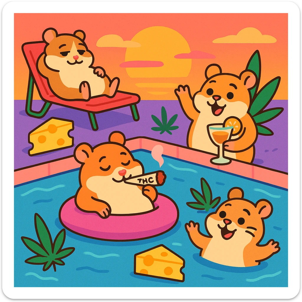 square colorful pool party scene at sunset with up to 3 hamsters, weed, cheese, and THC theme, extra vibrant, playful, nostalgic, fun, inviting, summer party vibe, clear composition, no disco ball sticker
