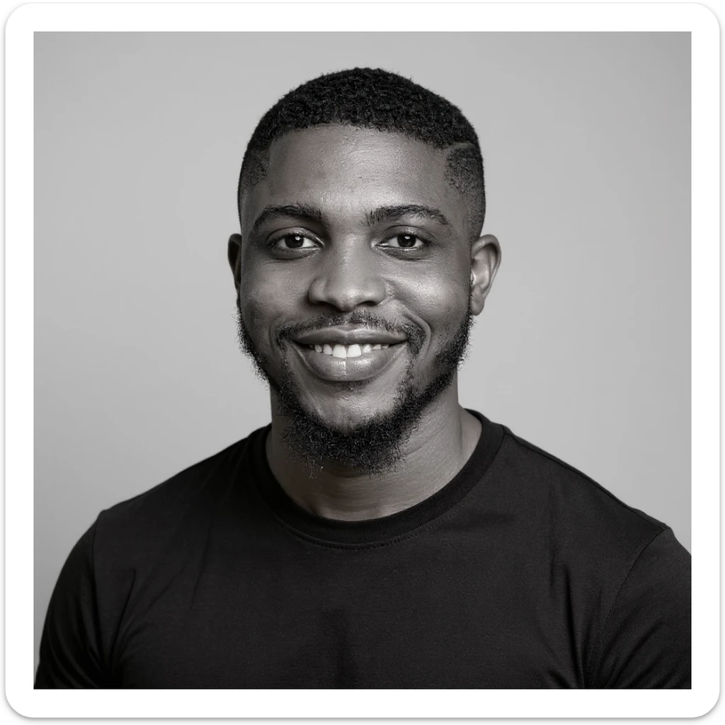 A professional portrait of me in monochrome. Plain black crew neck shirt. Tailored to LinkedIn. Tech boy vibe (programmer). I’m a black man from Nigeria. Retain facial features from attached image. Make face smoothie and healthy. No accessories. Light gray background to make subject more visible. sticker