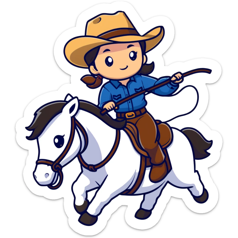 girl wearing cowboy hat riding a horse holding a whip sticker