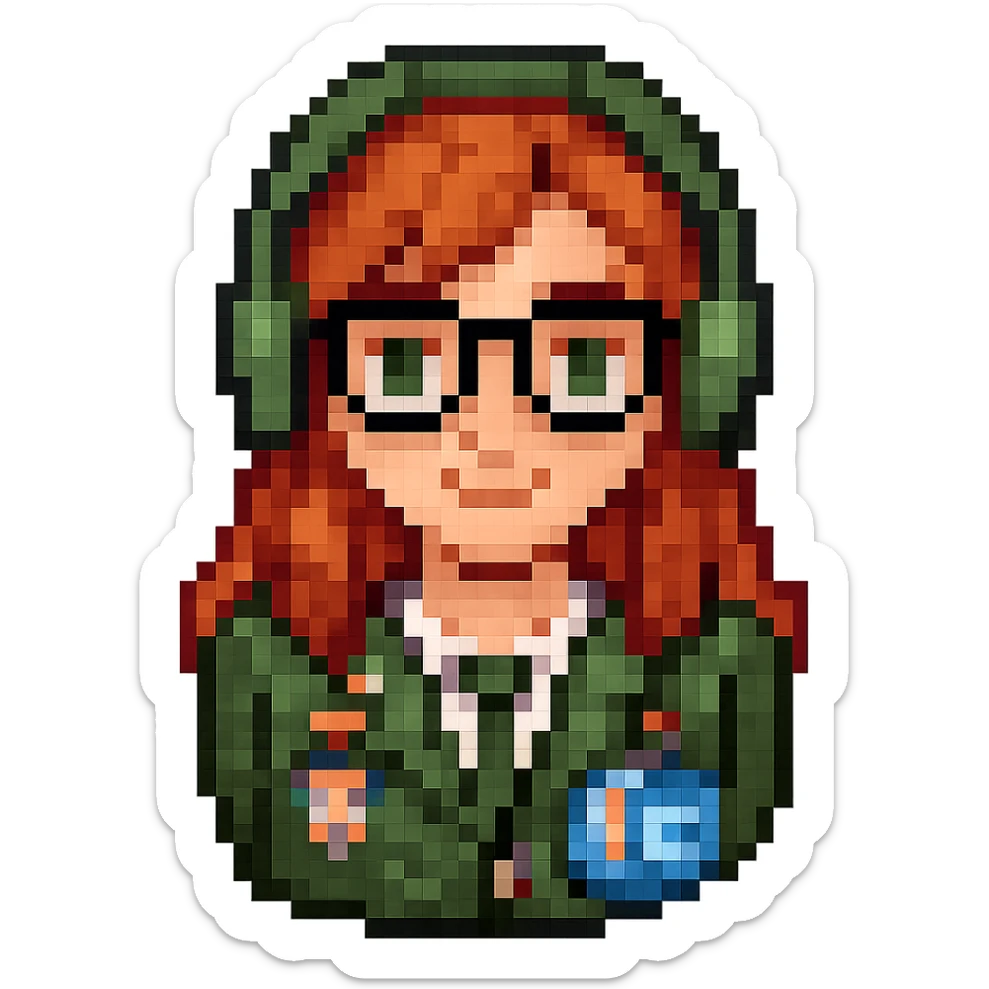 Add glasses to the female recruiter in a cute 8-bit pixel art style. Keep the headset and YC badge visible. Focus on shoulders and above only, with no background. sticker