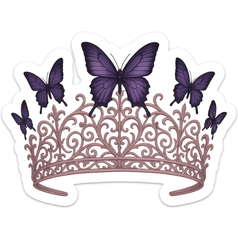 butterfly crown in matte pink, purple butterflies, gothic filigree, mysterious and elegant, transparent background sticker