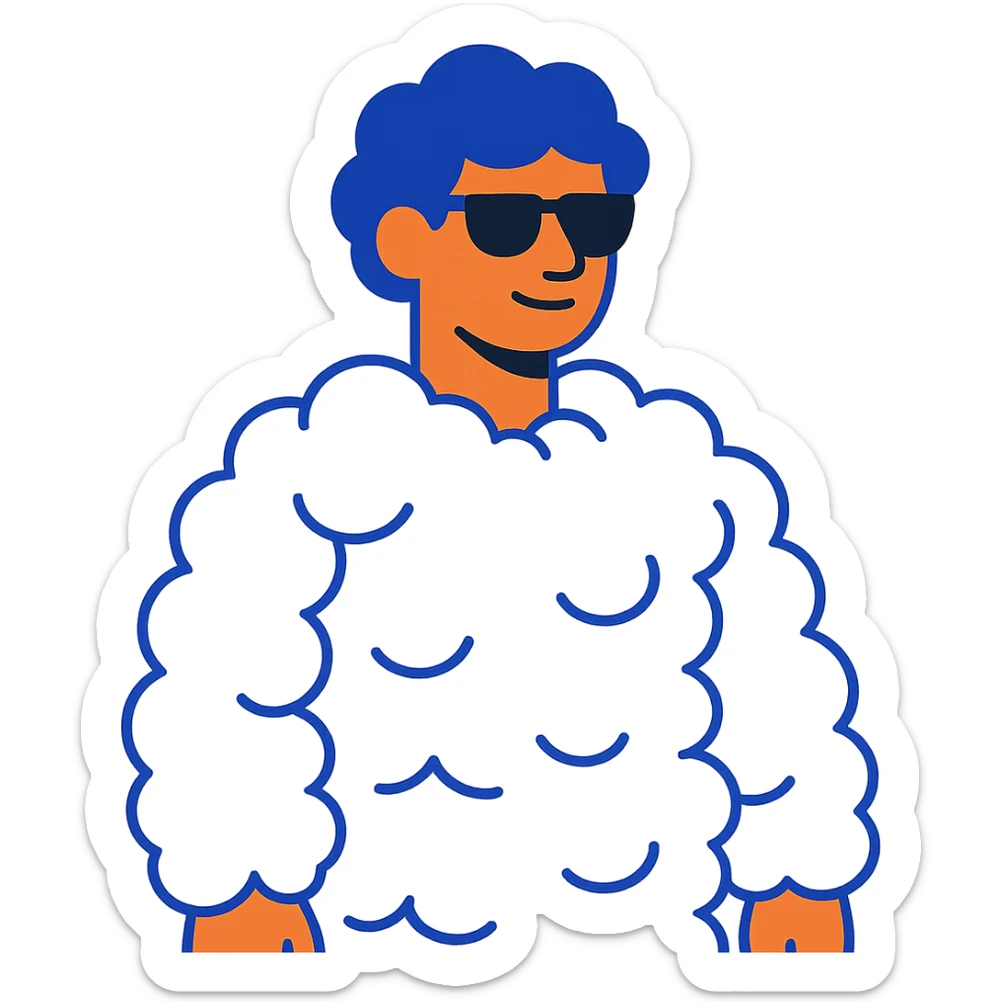 person composed entirely of voluminous clouds up to the shoulders, clouds form the body, modern illustration style sticker
